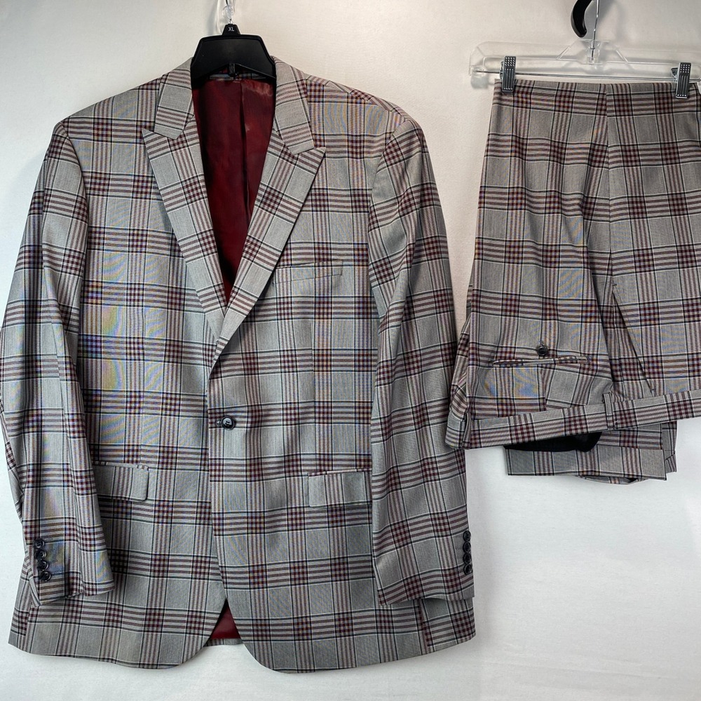 Tazzio Europa Bespoke Plaid Suit Mens 48L Grey Burgundy 2pc Jacket Pants Set